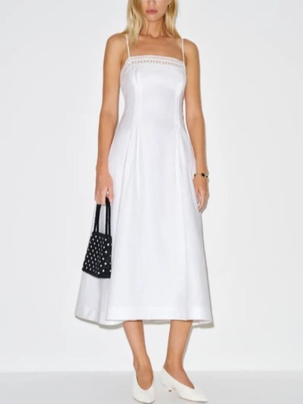 NEW Reformation Pomona Linen Lace Trim Midi Dress White | US 6 UK 10 - Picture 2 of 13